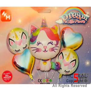 SET DE GLOBOS METALIZADO GATO UNICORNIO 5 UNIDADES X 1